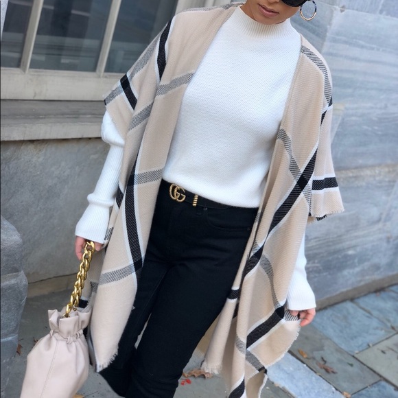 Plaid Shawl Poncho Kimono - Ashlee Nude & Black - Picture 3 of 8